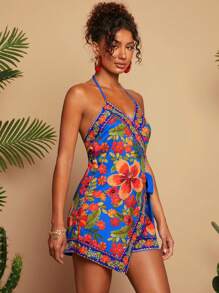Travachic Women's Blue Floral Halter Neck Sleeveless Criss-Cross Wrap Jumpsuit,Summer Boho Vacation Holiday Beachwear,Woven Printed Spring Break Concert Outfit - Navy Blue - View 7