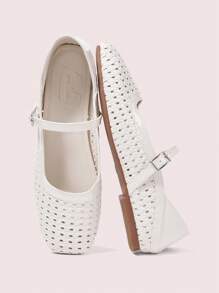 CUCCOO DOLLMOD Women's Round Toe Low Heel Beige Woven Mesh Fabric Chic Minimalist Buckle Strap Flats