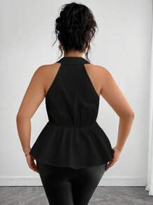 Elenzga Damen Große Größen Elegante einfarbige schwarze ärmellose Bluse mit gerüschtem Saum, romantisches, vielseitiges Design für Lässig/Business, Neu für Frühling/Sommer, Ausgehoberteil