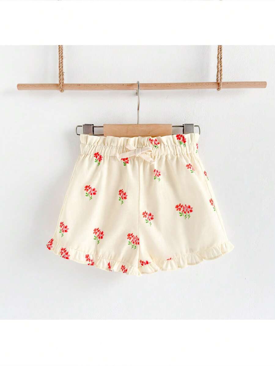 Loomiva Young Girl Casual Ditsy Floral Ruffle Trim Shorts For Outing & Vacation, Spring & Summer - Multicolor - View 1