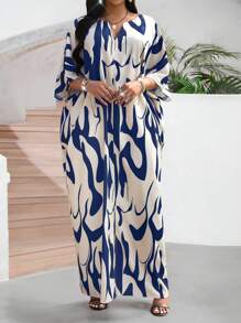 SHEIN Lady 女式V领撞色全印花宽松优雅中长连衣裙 - 白色 - 查看 1