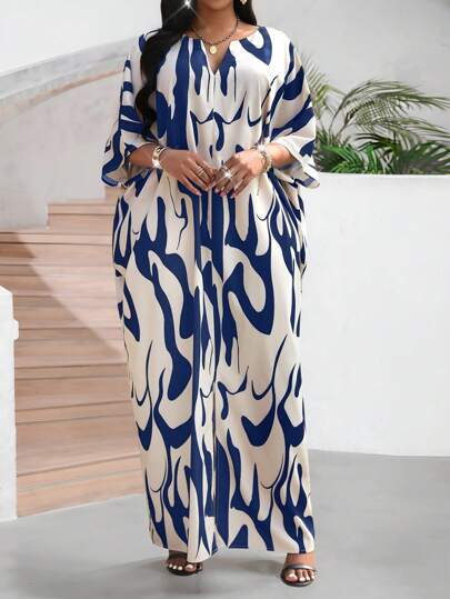 SHEIN Lady Women's V-Neck Contrast Color All-Over Print Loose Elegant Mid-Length Dress