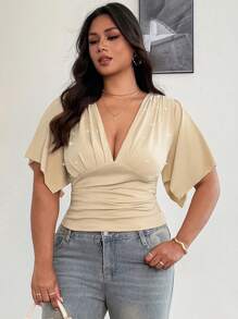 SHEIN Unity Blusa para mujer talla grande elegante y sexy con cuello en V ajustada y decorada con perlas - Albaricoque - Ver 6