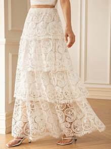 Aveloria Rosie Elegant Paisley Embroidered Tiered Maxi Skirt, French Romantic Style, Spring/Summer - White - View 3