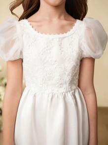 Tween Girl 优雅白色蝴蝶结方领中长款派对礼服，适合晚会、庆典、生日、婚礼、花童、圣诞节、万圣节、感恩节 - 白色 - 查看 7