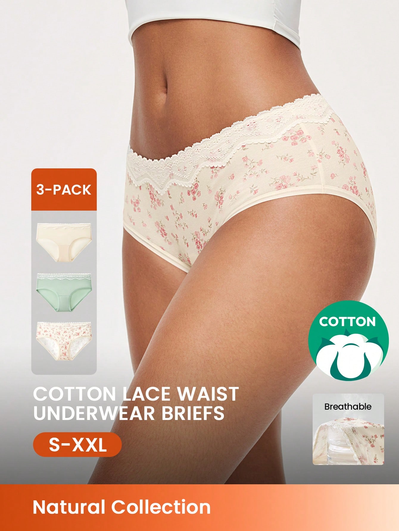 3-Pack Soft Cotton Basic Floral Print Lace Trim Mid-Waist Underwear Briefs