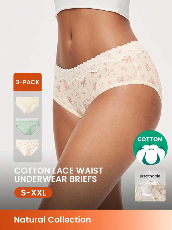 LUVLETTE 3-Pack Soft Airy Cotton Basic Floral Print Lace Trim Mid-Waist Underwear For Women Briefs