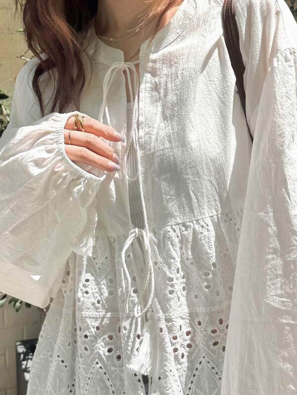 FRIFUL Women's Tie Up Embroidered Printed Blouse, Loose Casual Versatile Beach Vacation Wear