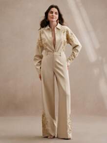 Anewsta 2 Pieces Set Women Spring Summer Chic Gold Sequins Beaded Shirt And Trousers - Khaki - View 4