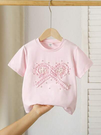 Genkimix Kids Young Girls Cute & Elegant Bow Decor 3D Beaded Casual T-Shirt