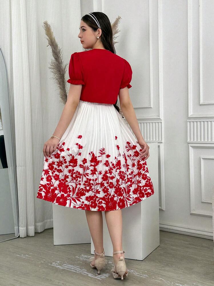 SHEIN Sada 2 ks/sad s květinovým potiskem, skládané šaty a kardigan pro dospívající dívky, nový elegantní letní outfit - Multicolor - Zobrazit 2