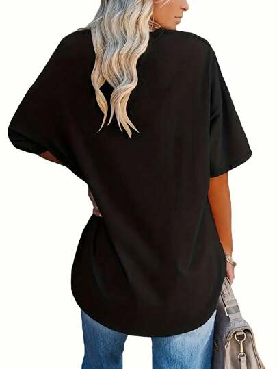 EMERY ROSE Beliebtes Frauen V-Ausschnitt Kurzarm Loose Herz T-Shirt Top aus Europa und Amerika für Frühling und Sommer.