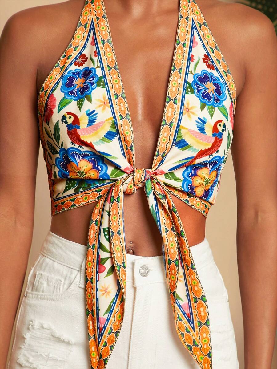 Travachic 大码女式印花露背吊带休闲上衣，适合度假、春夏、海滩、复活节、春假、音乐会、波西米亚风、音乐节、热带度假、复古等场合，优雅女式上衣。 - 彩色 - 查看 1