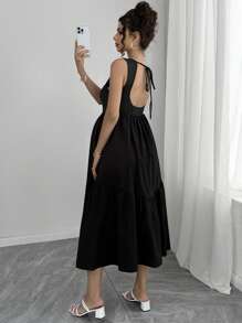 Momance Vestido de maternidad de unicolor, de tiras con espalda abierta, con dobladillo asimétrico largo sin mangas - Negro - Ver 4