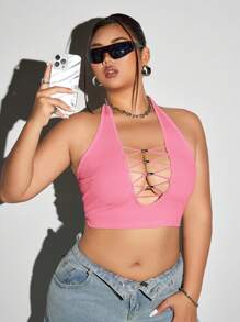 SHEIN ICON Plus Size Slim Fit Deep Halter Neck Beaded Decor Halter Tank Top For Summer - Pink - View 1