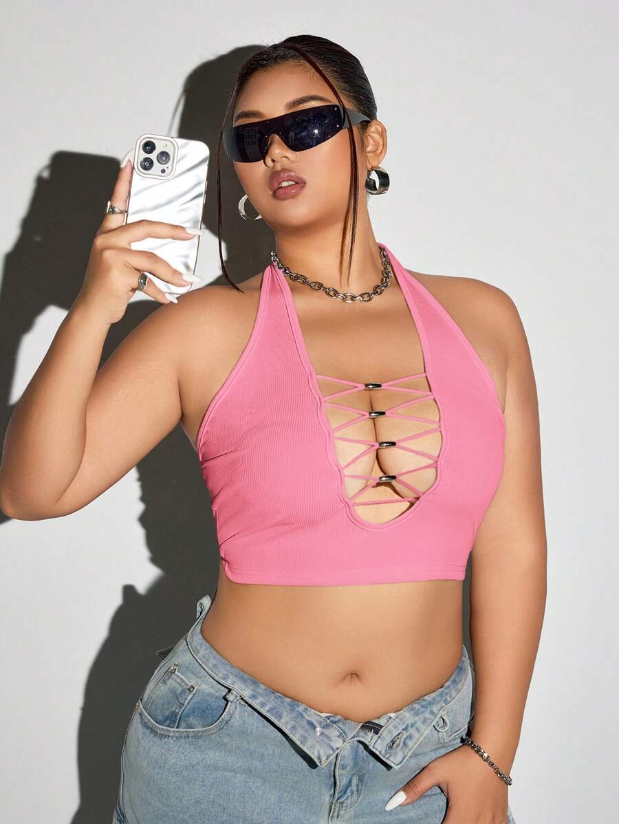 SHEIN ICON Plus Size Slim Fit Deep Halter Neck Beaded Decor Halter Tank Top For Summer - Pink - View 1