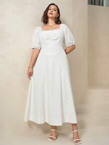 Chikora Robe d'été femme grande taille en maille avec broderie, col carré, dos nu, manches courtes. Robe blanche d'été décontractée pour femme. Vêtements d'été pour anniversaire, travail, remise de diplôme, mariage, vacances, festival - Blanc - Voir 7