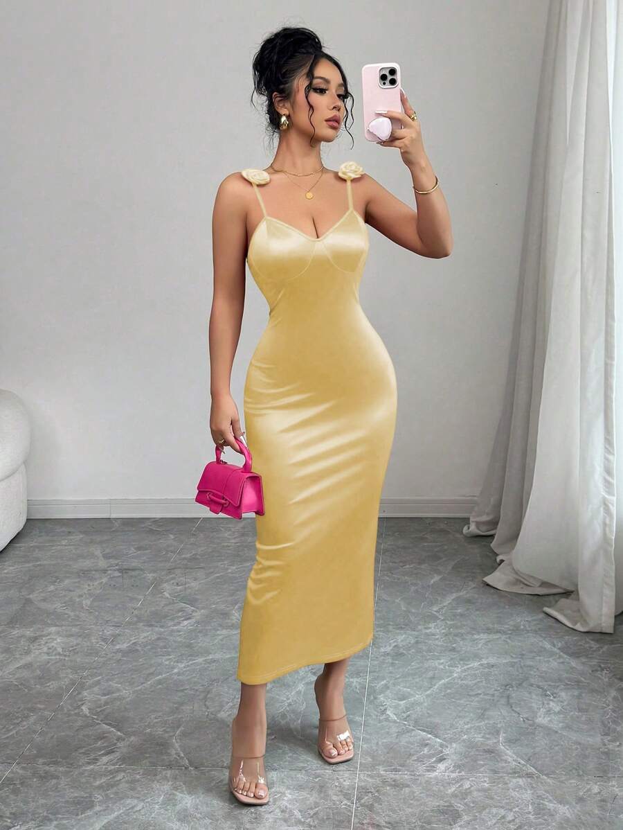 Elenzga Váy họa tiết hoa dây mảnh trơn màu cỡ chuẩn dành cho nữ - Rượu sâm banh - Xem 1