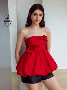 MOTF STUDIO STEREO FLORAL PUFFBALL TUBE BLOUSE - Red - View 1