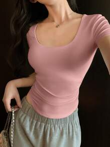 DAZY Women Casual Solid Color Round Neck Pleated Simple Fitted T-Shirt, Summer - Dusty Pink - View 5