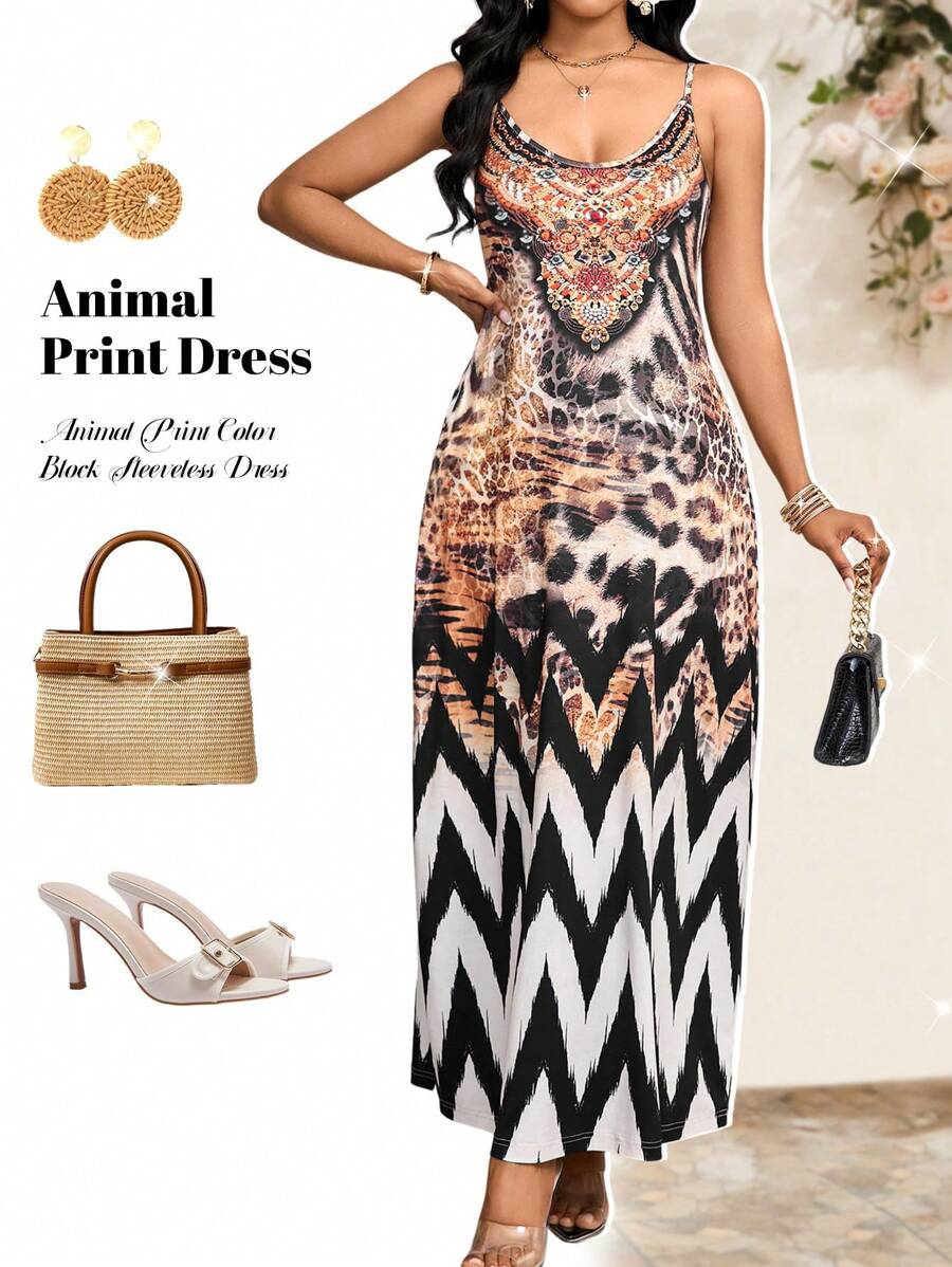 SHEIN Lady Damen modisches Farbblock-Kleid mit Tier Muster ohne Ärmel, geeignet für den Urlaub