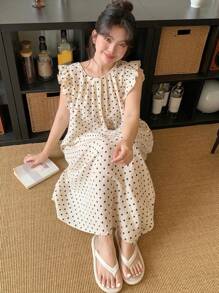 Dazy Plus Plus Size Patchwork Ruffle Trim Polka Dot Long Nightgown, Cute Home Sleepwear Women Nighty ,Vacation