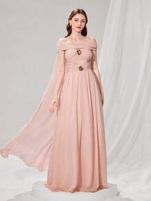 Poshira Vestido elegante de mujer de unicolor con hombros descubiertos y ajustado para la noche - Rosa - Ver 8