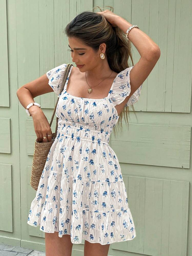 Vestido mini con cuello cuadrado y estampado floral para mujer, ideal para el verano - Azul - Añade 4