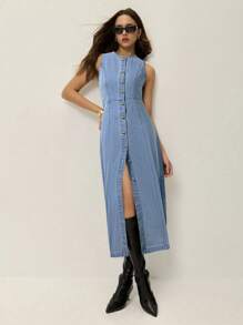 Poéselle Women Solid Color Round Neck Button Front Slit Sleeveless Denim Dress