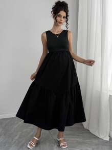 Momance Vestido de maternidad de unicolor, de tiras con espalda abierta, con dobladillo asimétrico largo sin mangas - Negro - Ver 5