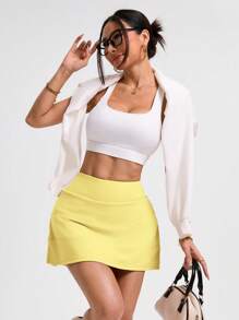 SHEIN Sports 女士纯色网球黄短裙和裙裤 - 黃色 - 查看 4