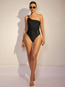 COSMINA 1 pieza Traje de baño de una sola pieza con un hombro asimétrico de color liso de moda para mujer, de verano - Negro - Ver 4