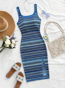 Soleia Women Casual Wave Striped Square Neck Slip Dress Spring Summer Outfits For Women Boho Beach West Music Festival Holiday Date Night Afternoon Tea Blue Knit Dress Blue Summer Dress Bodycon Dress Striped Knit Dress Tummy Control Dress