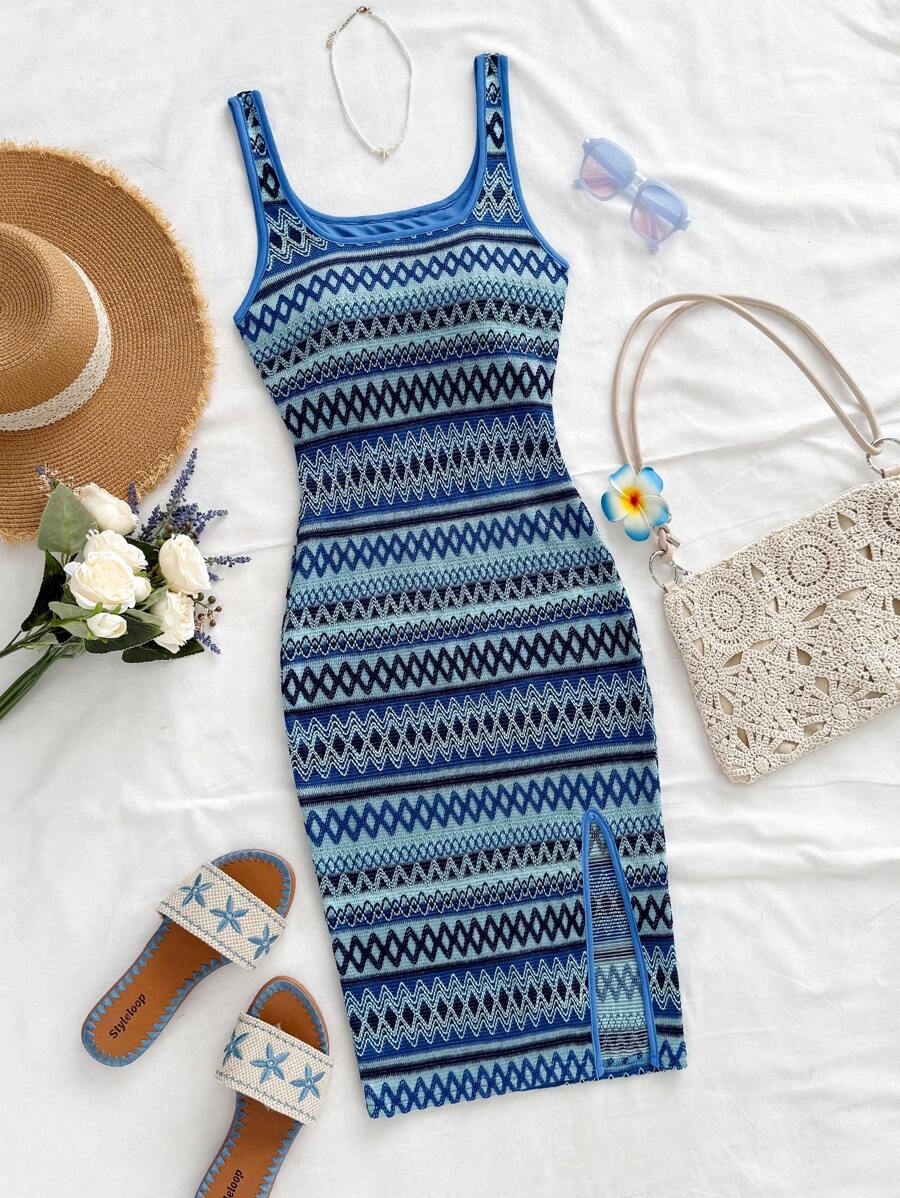 Soleia Women Casual Wave Striped Square Neck Slip Dress Spring Summer Outfits For Women Boho Beach West Music Festival Holiday Date Night Afternoon Tea Blue Knit Dress Blue Summer Dress Bodycon Dress Striped Knit Dress Tummy Control Dress