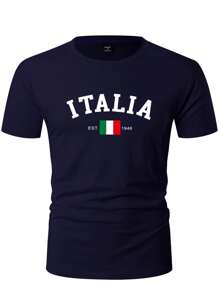 Manfinity Homme Camiseta de manga corta casual y elegante para aficionados al fútbol de talla grande para hombre, modelo nuevo del verano 2025 - Azul Marino - Ver 4