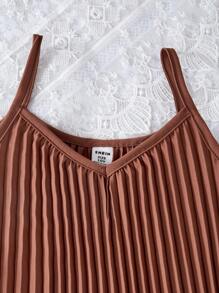 SHEIN 1 套少女优雅通勤杏色背心和褶皱连衣裙，2 件套服装，适合正式场合或工作 - 摩卡棕 - 查看 7