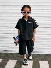 Young Boy Casual Versatile Comfortable Patchwork Thick And Thin Strap Turndown Collar Open Front Loose Woven Solid Color Shirt, Suitable For Commute, School, Daily Casual, Vacation, Sports, Spring/Summer, For Back To School