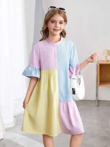 SHEIN 青少年女孩度假休闲梭织拼布衬衫裙 - 彩色 - 查看 6