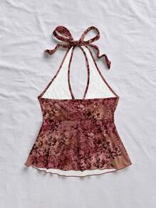 Soleia Red Paisley, Camouflage, Ditsy Floral Vintage Style Casual Vacation Sexy Cute Y2K Coconutgirl Boho Music Festival Suitable For Summer Women V-Neck Bowknot Halter Backless Babydoll Top For Vacation Suitable For Going Out - Multicolor - View 2