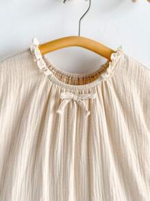 Loomiva Young Girl Casual Round Neck Bow Ruffled Hem A-Line Dress - Apricot - View 4