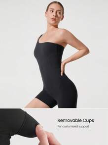 GLOWMODE 4.3英寸 FeatherFit™ One Hit Wonder 收腹可拆卸罩杯单肩连体衣 低冲击瑜伽普拉提 Barre Studio 日常休闲装 - 黑色 - 查看 4