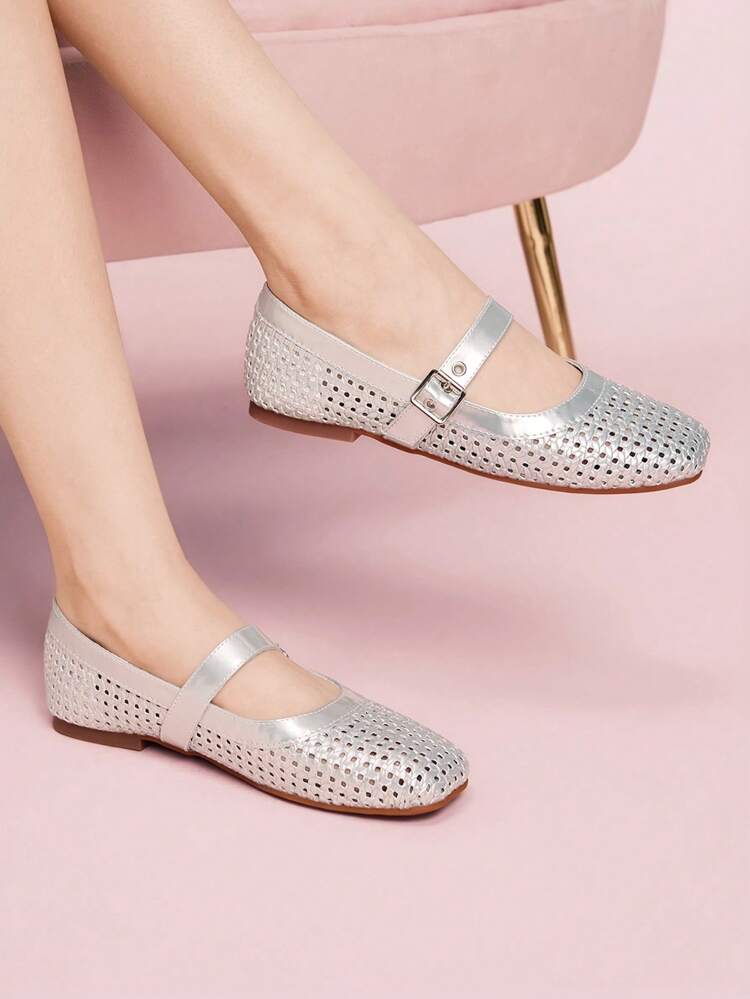 CUCCOO DOLLMOD Women's Casual Round Toe Flats, Silver Woven Mesh Fabric, Fashion Minimalist Style, Comfortable Breathable Hook & Loop Closure For Christmas Spring Shoes