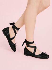 CUCCOO DOLLMOD 女士时尚优雅亮片蝴蝶结装饰平底鞋 - 黑色 - 查看 5