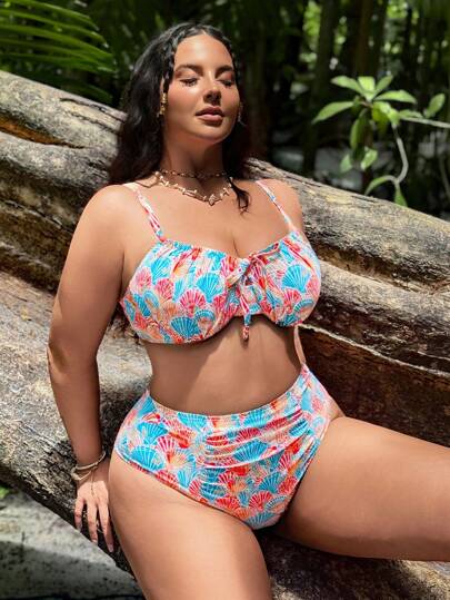 Swim Vcay Plus Size Women 2pcs/Set Swimsuit, Cute Random Print Underwire Tie Front Tankini Set, Suitable For Beach Holiday For Summer Beach Vacation