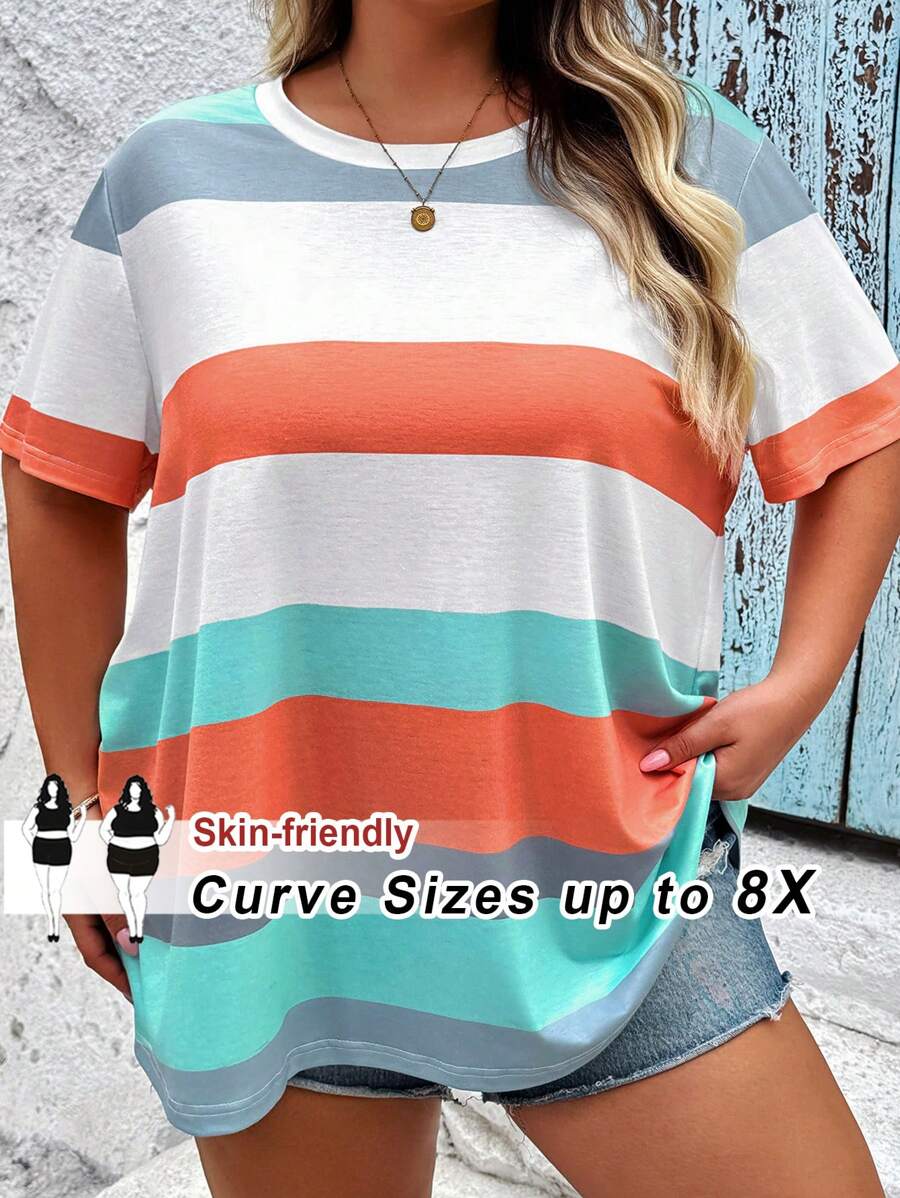 SHEIN CURVE+ 大码闪亮条纹印花女式T恤，图案丰富，适合夏季、情人节等场合，包含玫瑰、爱心、波点、爱心、嘴唇、丘比特、3D花朵等图案。大码T恤，夏季/乡村/海滩度假/海滩/沙滩装。 - 彩色 - 查看 1
