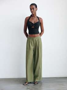 Maija Solid Wide Leg Suit Pants - Army Green - View 3