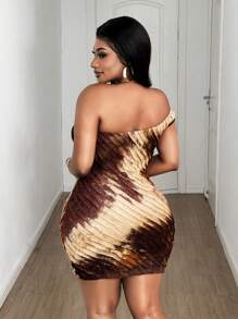 Maweii Plus Size Women Tie-Dye One Shoulder Mini Dress - Brown - View 2