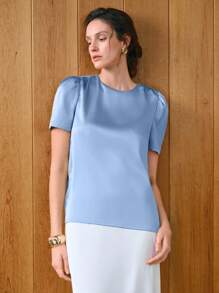 Uhlyne 女士圆领短袖竹节棉优雅通勤衬衫 - 淺藍色 - 查看 6
