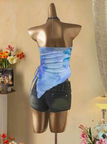 SHEIN MOD Casual Vacation Style Tropical Hibiscus Orange Tie Dye Tropical Floral Print Sexy Women's Floral Asymmetrical Hem Bandeau Crop Top, Suitable For Summer Vacation Beachwear Suitable For Going Out - Multicolor - View 7