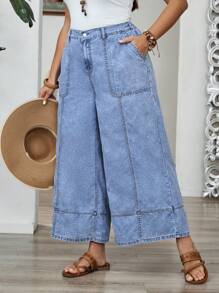 EMERY ROSE Plus Size Women Summer Loose Pockets Wide Leg Jeans Women Jeans Tall Summer Clothes Women Clothes Women Bottoms - Light Wash - View 5